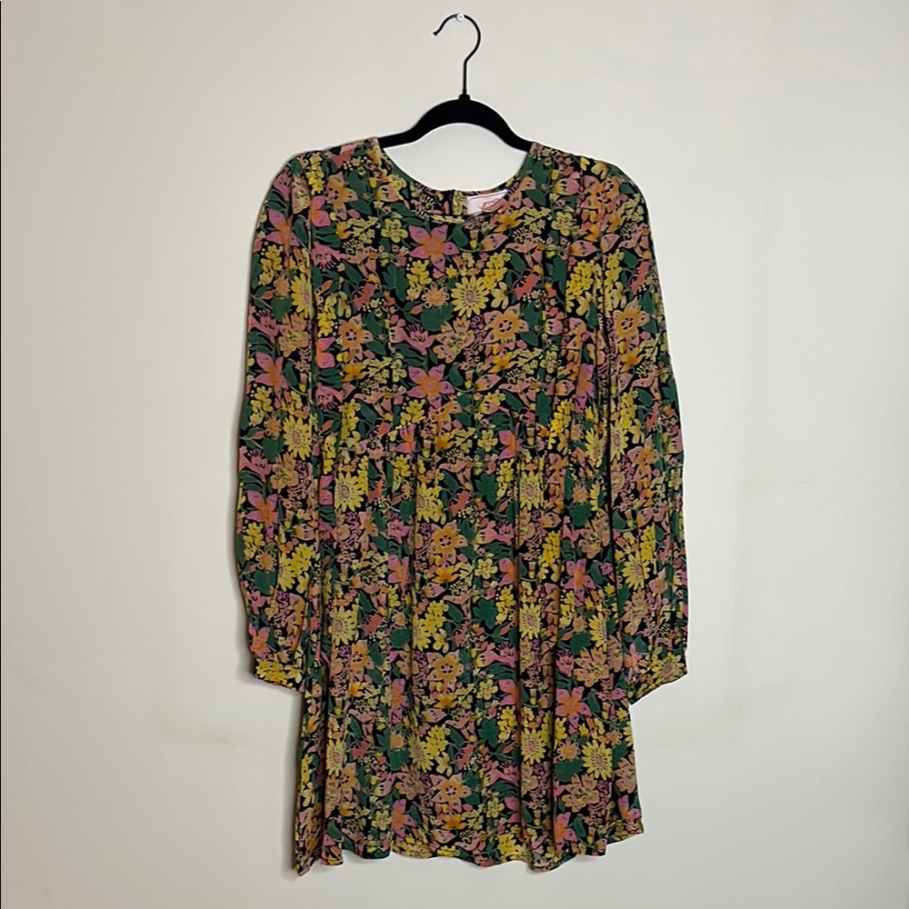 BANJANAN PETRA FLORAL SILK MINI DRESS Ruffle Trim